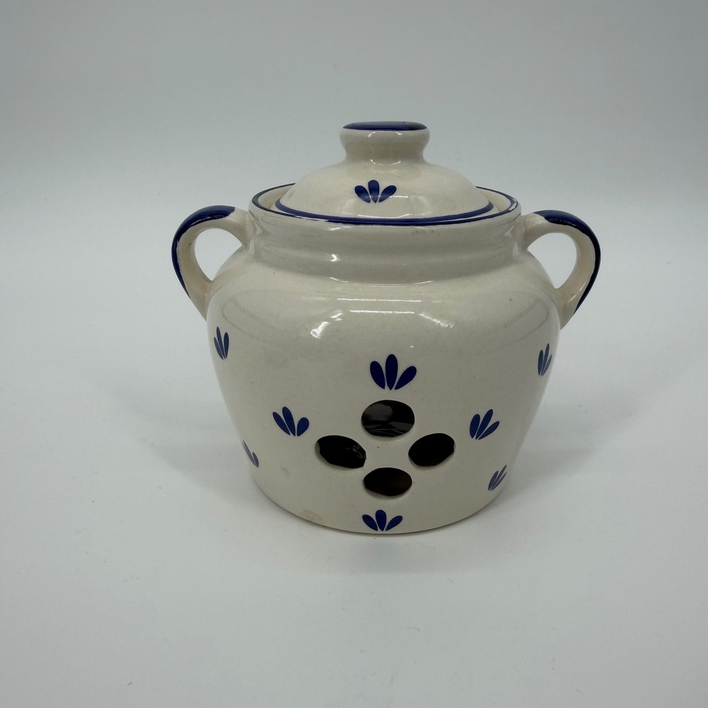 Ceramic Garlic Keeper Hand Painted Blue Floral Cream Stoneware Jar with Lid